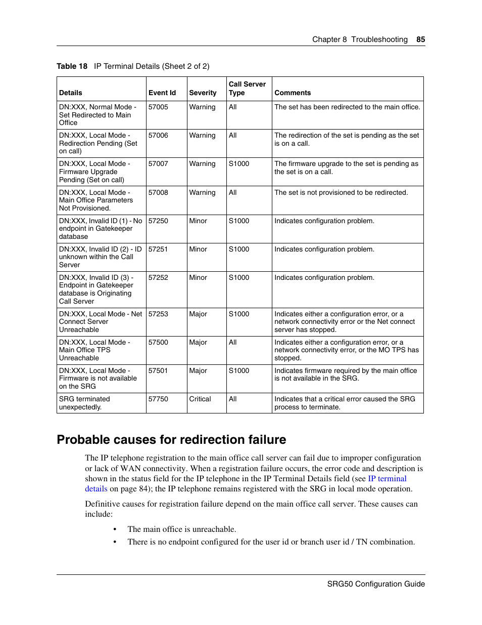 Probable causes for redirection failure | Nortel Networks SRG50 User Manual | Page 85 / 102
