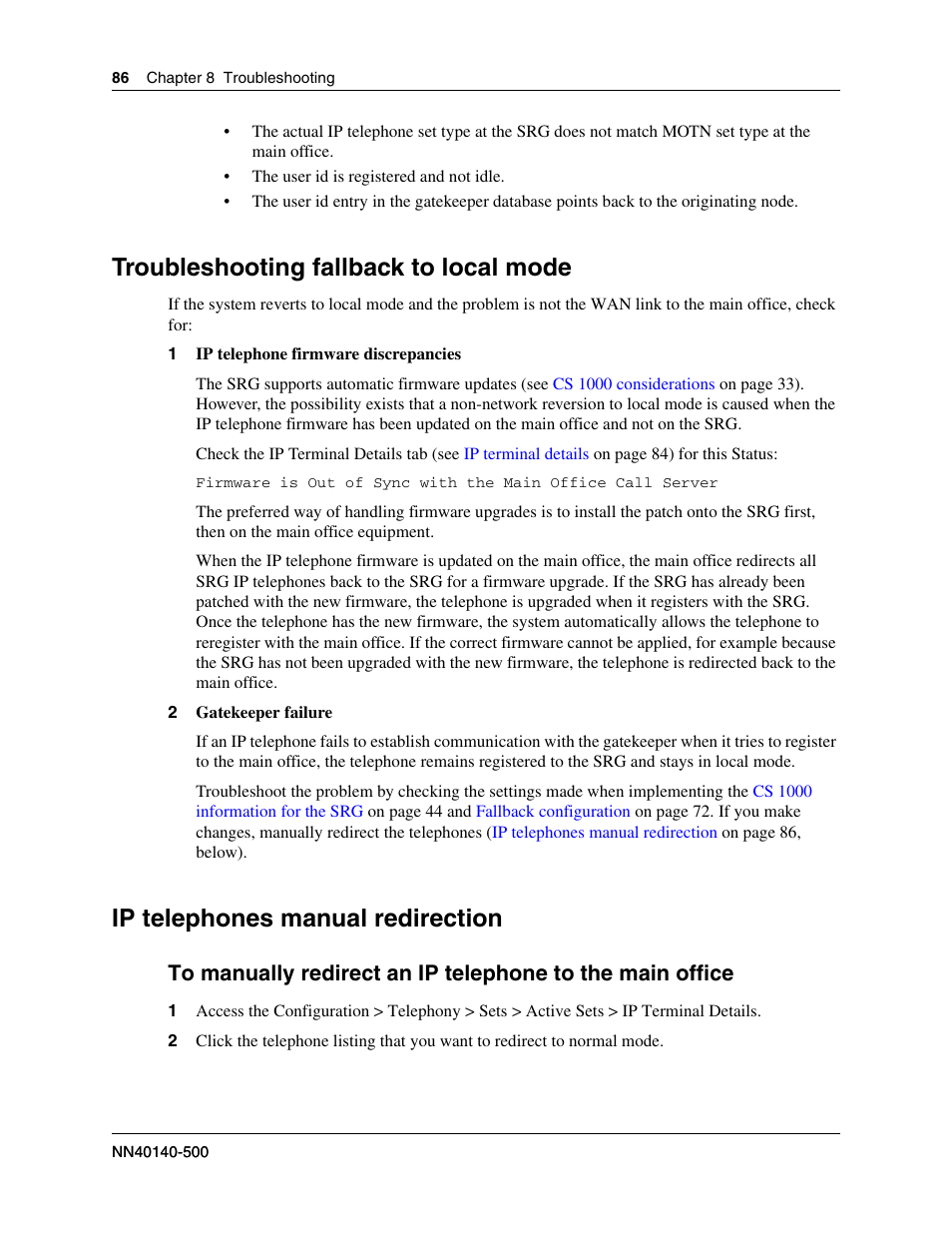 Troubleshooting fallback to local mode, Ip telephones manual redirection | Nortel Networks SRG50 User Manual | Page 86 / 102