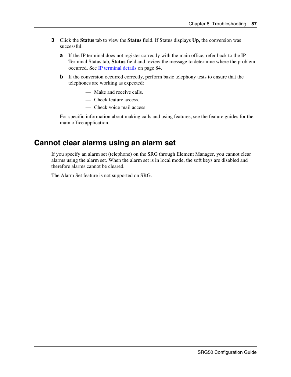 Cannot clear alarms using an alarm set | Nortel Networks SRG50 User Manual | Page 87 / 102