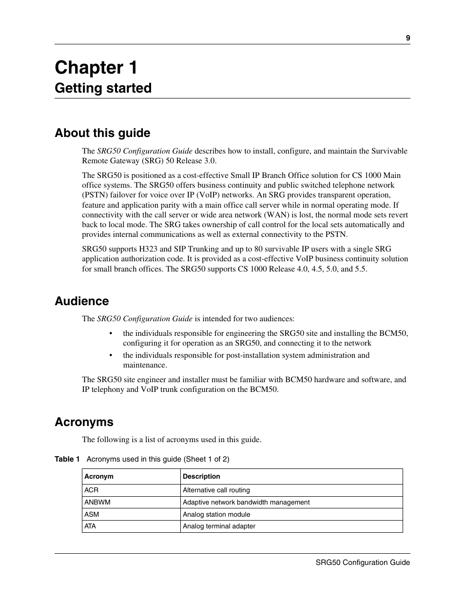 Getting started, About this guide, Audience | Acronyms, Chapter 1 | Nortel Networks SRG50 User Manual | Page 9 / 102