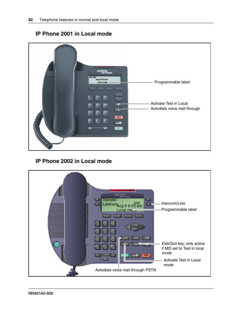 Ip phone 2001 in local mode, Ip phone 2002 in local mode | Nortel Networks SRG50 User Manual | Page 92 / 102