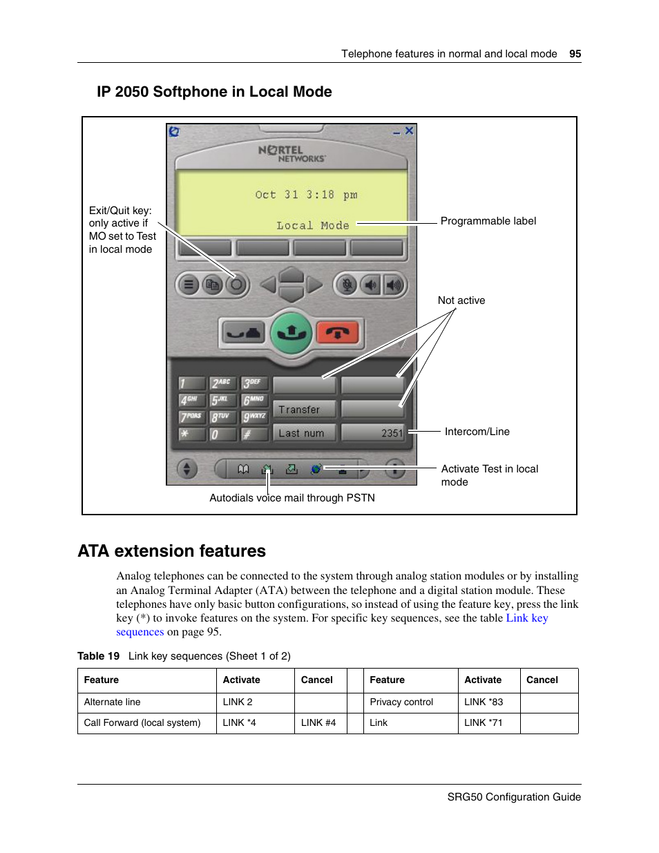 Ip 2050 softphone in local mode, Ata extension features, Extension features | Nortel Networks SRG50 User Manual | Page 95 / 102