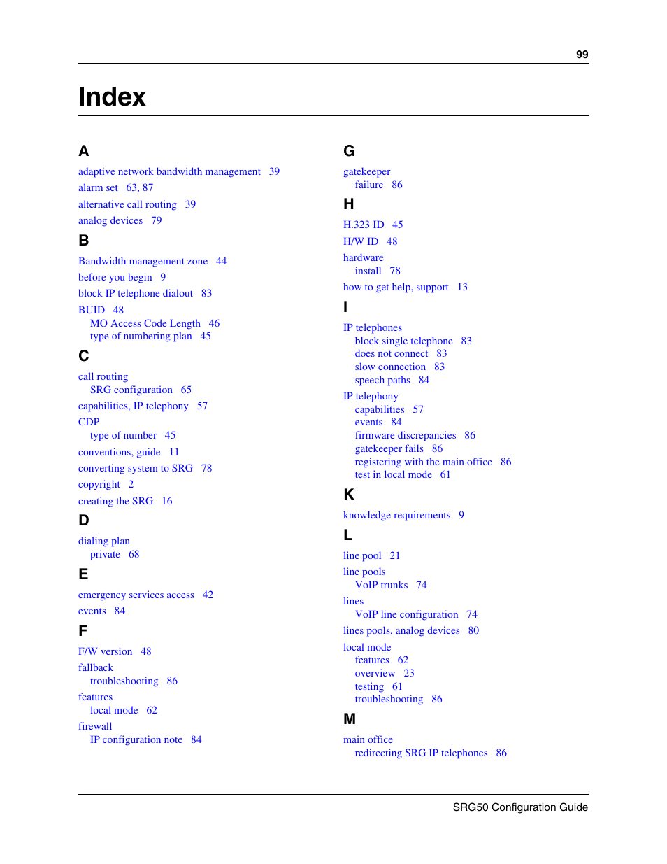 Index | Nortel Networks SRG50 User Manual | Page 99 / 102