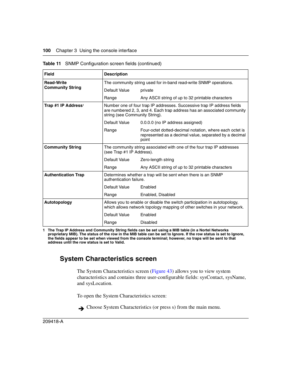 System characteristics screen, System characteristics | Nortel Networks 1000ASE-XD User Manual | Page 100 / 214