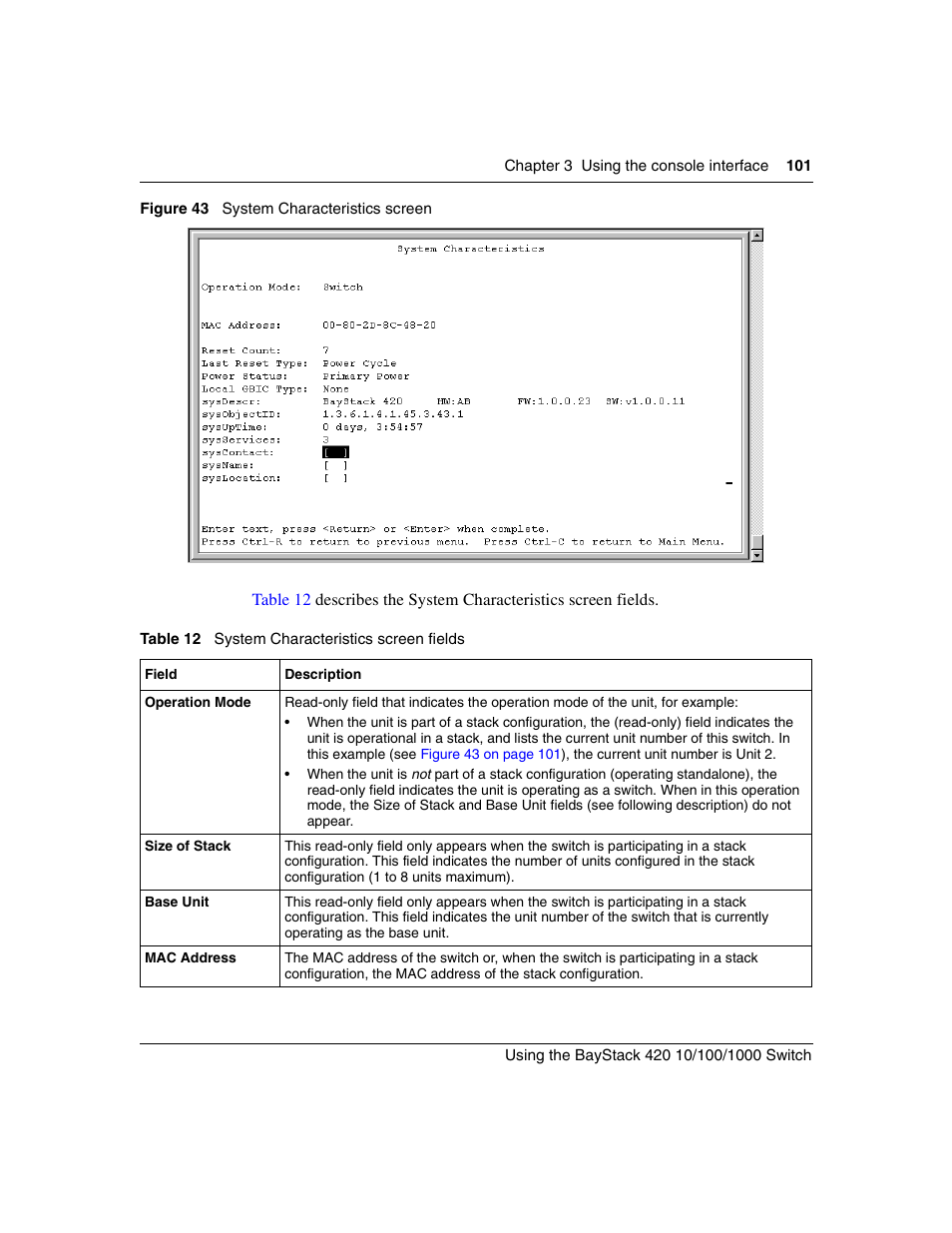 Figure 43, System characteristics screen, Table 12 | System characteristics screen fields | Nortel Networks 1000ASE-XD User Manual | Page 101 / 214
