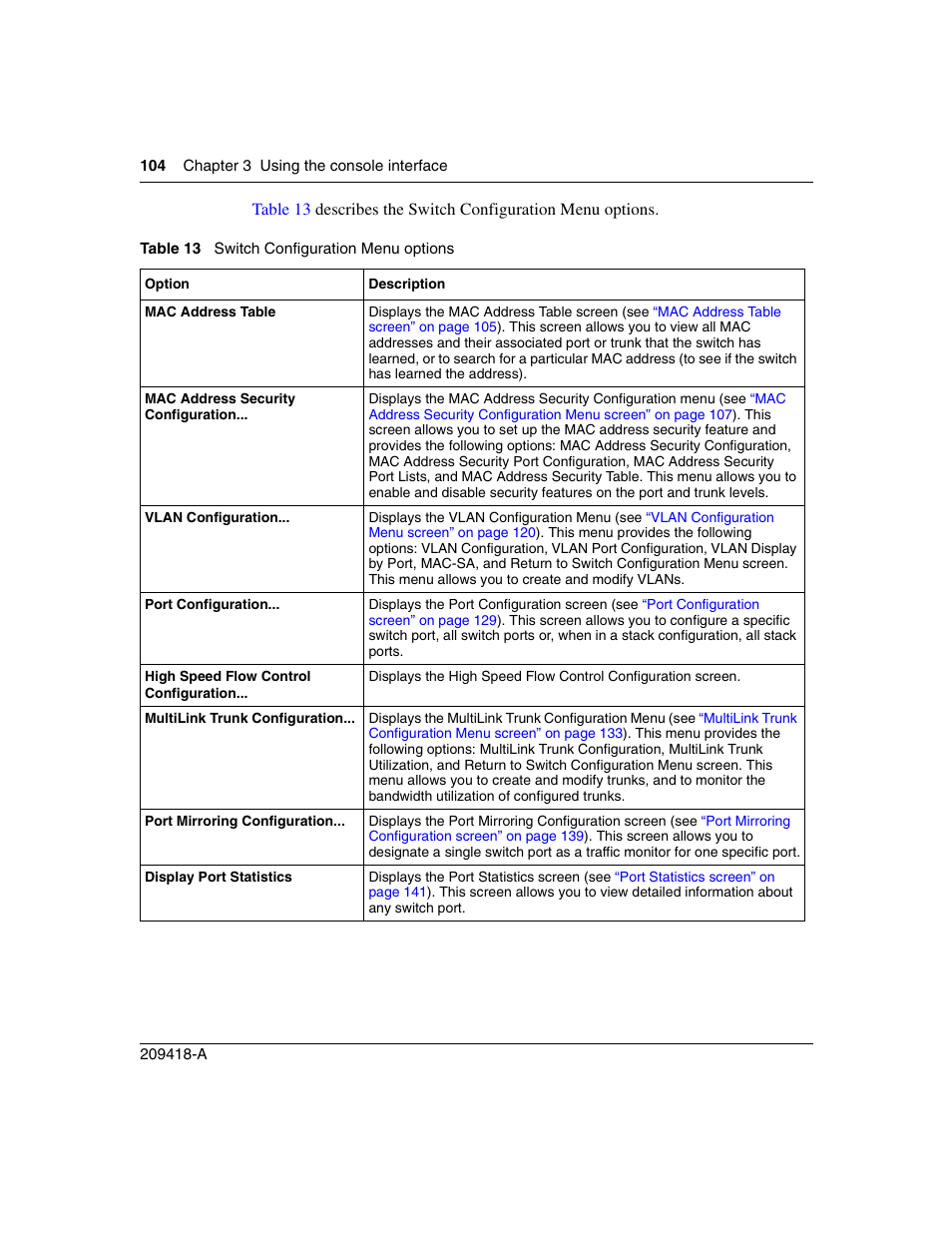 Table 13, Switch configuration menu options | Nortel Networks 1000ASE-XD User Manual | Page 104 / 214