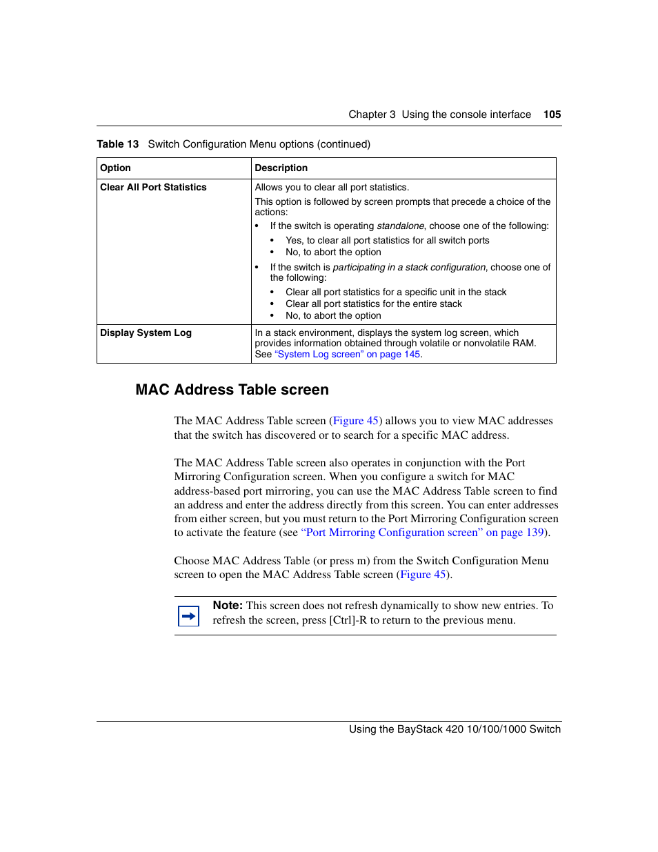 Mac address table screen, Mac address table | Nortel Networks 1000ASE-XD User Manual | Page 105 / 214