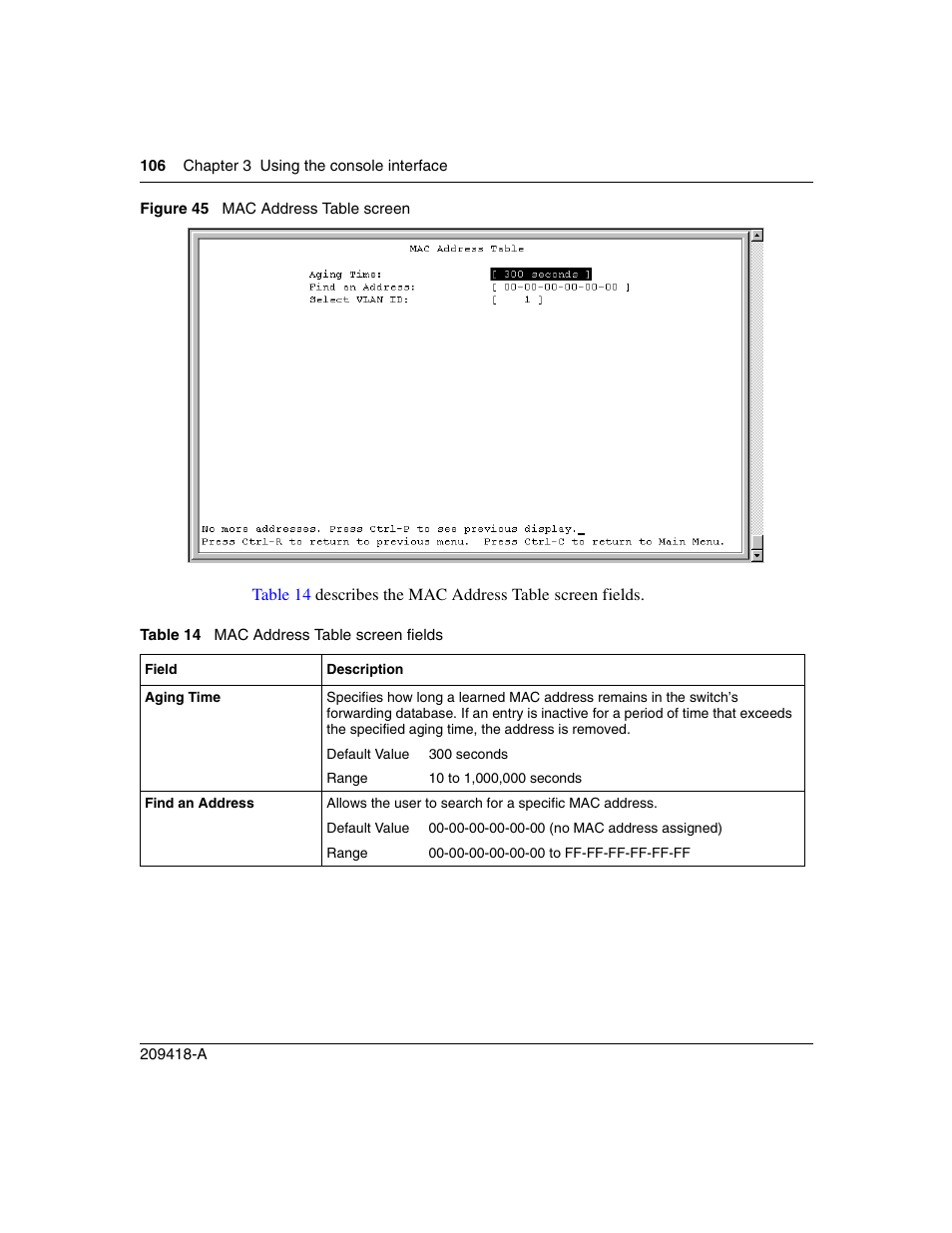 Figure 45, Mac address table screen, Table 14 | Mac address table screen fields | Nortel Networks 1000ASE-XD User Manual | Page 106 / 214