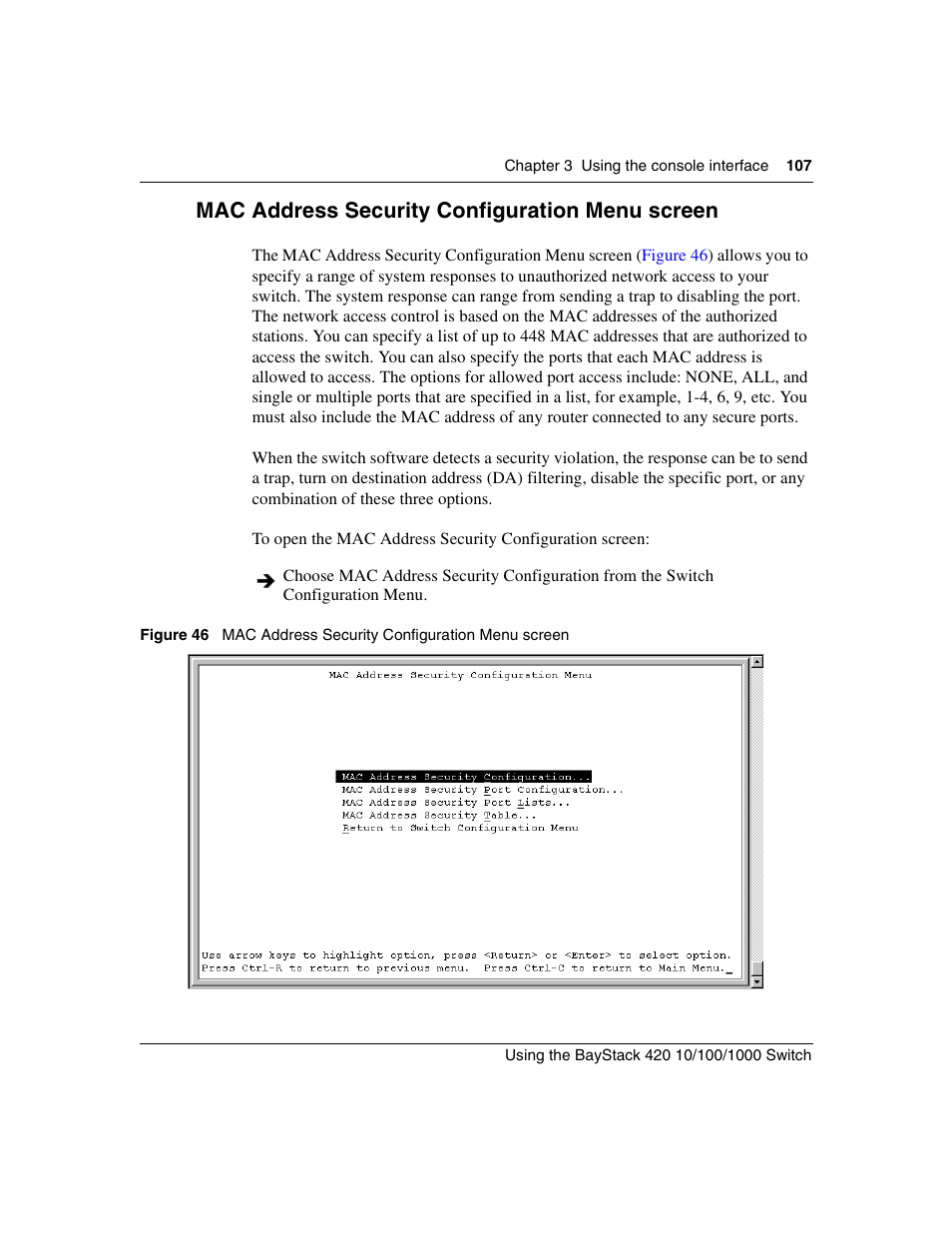 Mac address security configuration menu screen, Figure 46 | Nortel Networks 1000ASE-XD User Manual | Page 107 / 214