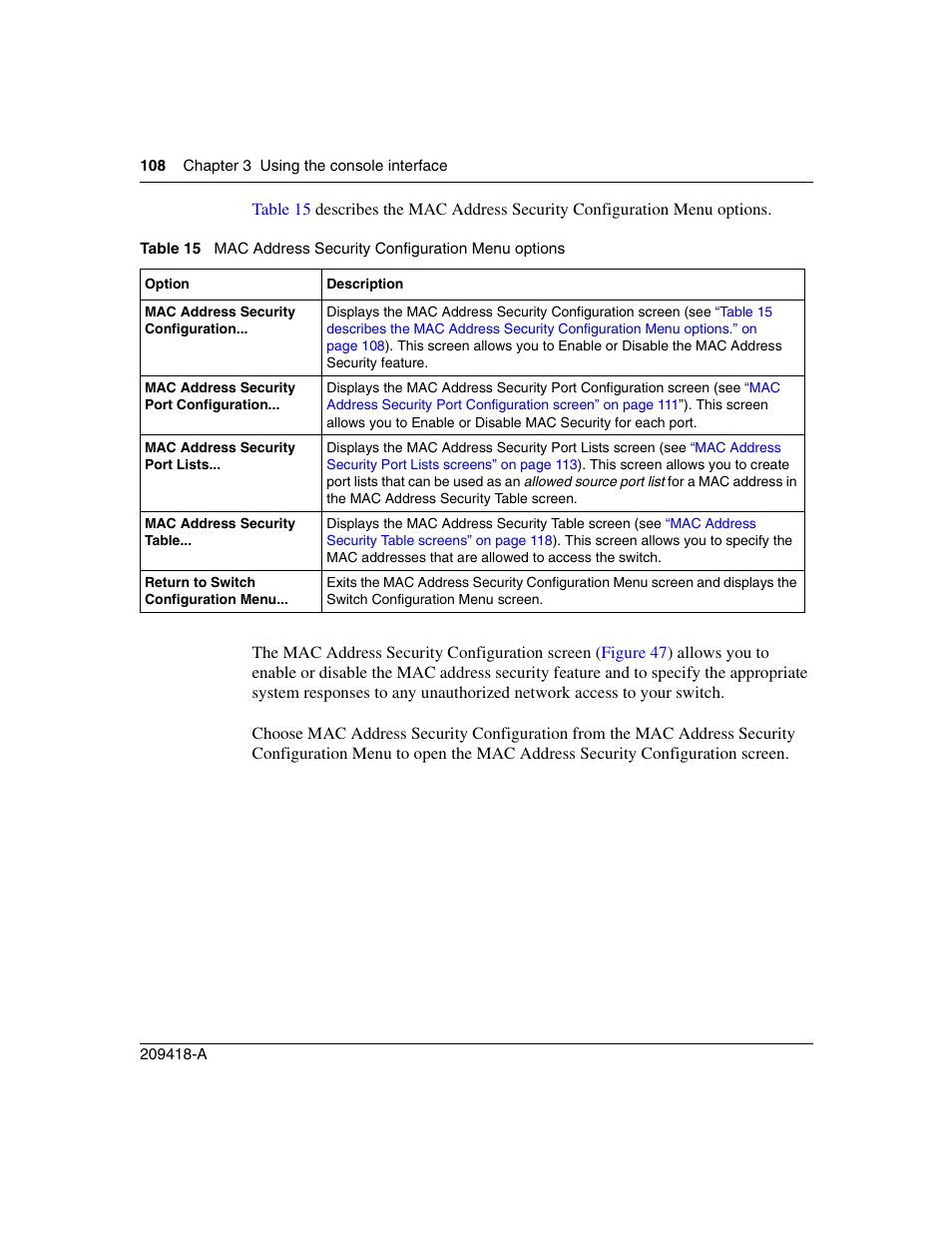 Table 15, Mac address security configuration menu options | Nortel Networks 1000ASE-XD User Manual | Page 108 / 214