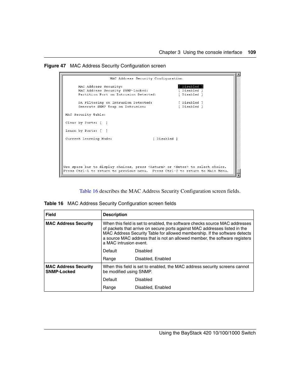 Figure 47, Mac address security configuration screen, Table 16 | Mac address security configuration screen fields | Nortel Networks 1000ASE-XD User Manual | Page 109 / 214