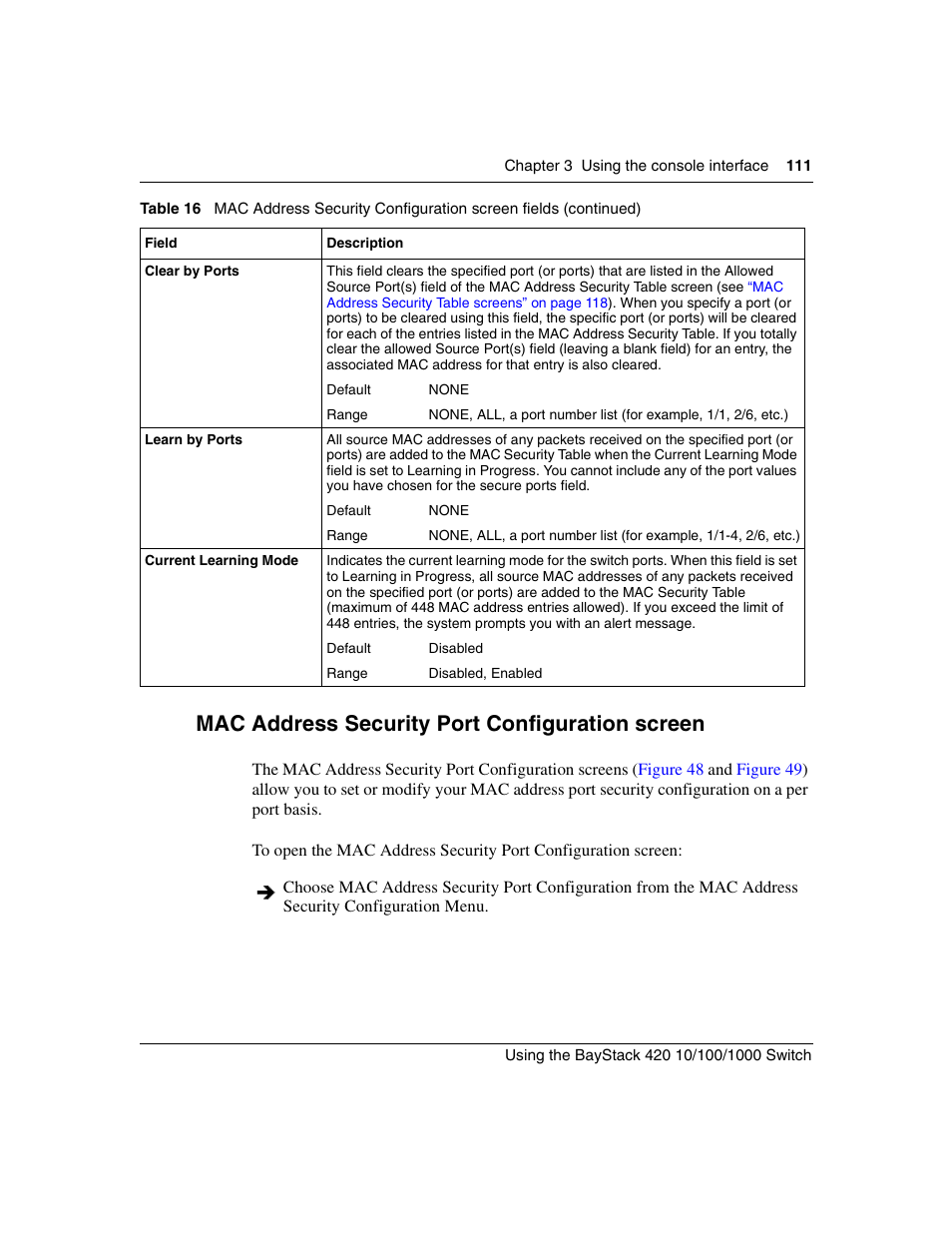 Mac address security port configuration screen | Nortel Networks 1000ASE-XD User Manual | Page 111 / 214