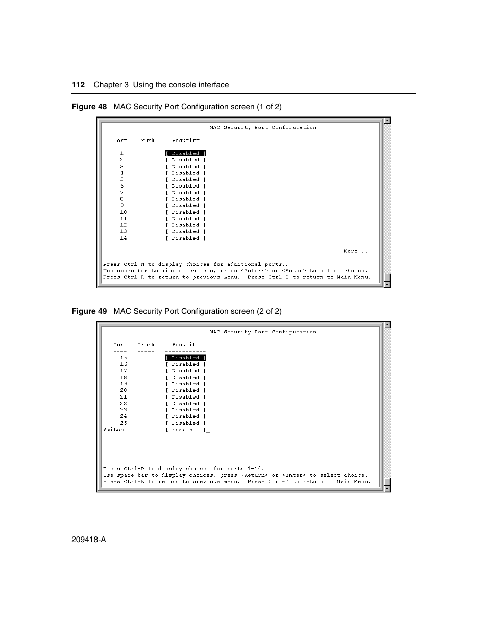 Figure 48, Mac security port configuration screen (1 of 2), Figure 49 | Mac security port configuration screen (2 of 2) | Nortel Networks 1000ASE-XD User Manual | Page 112 / 214