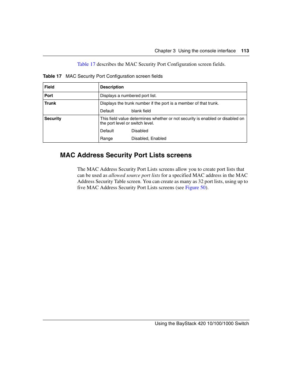 Mac address security port lists screens, Table 17, Mac security port configuration screen fields | Mac address | Nortel Networks 1000ASE-XD User Manual | Page 113 / 214