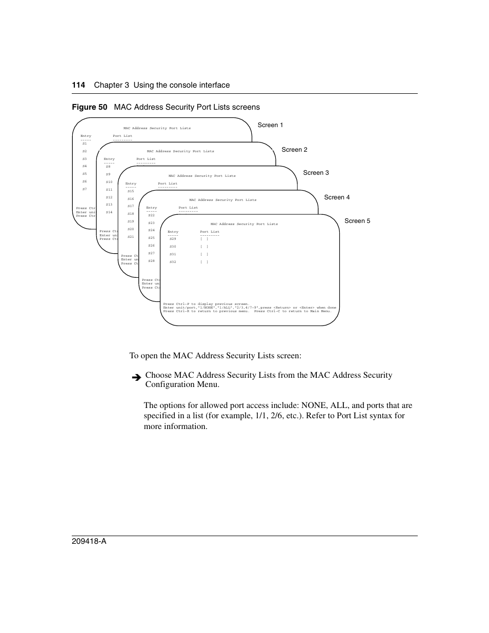 Figure 50, Mac address security port lists screens | Nortel Networks 1000ASE-XD User Manual | Page 114 / 214
