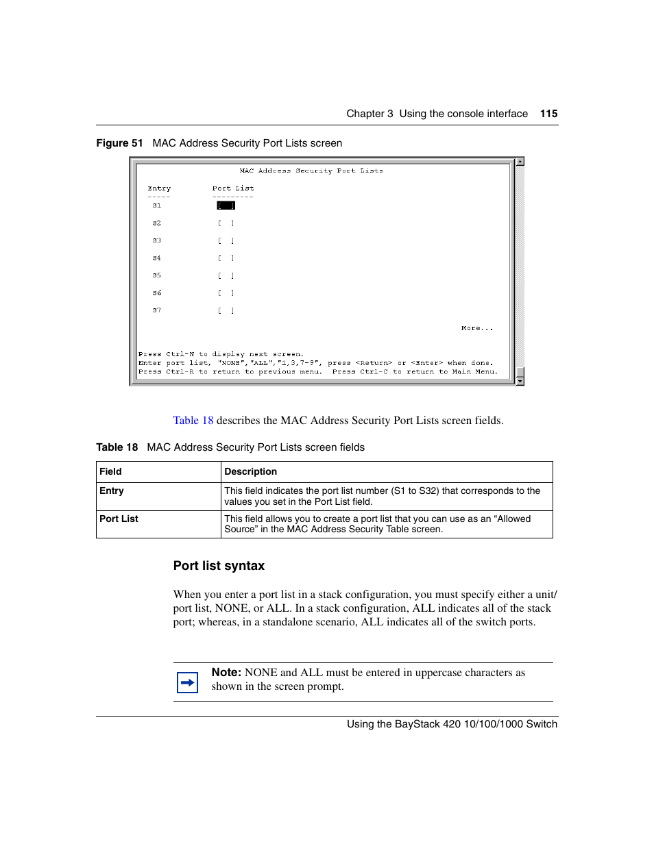 Port list syntax, Figure 51, Mac address security port lists screen | Table 18, Mac address security port lists screen fields, Port, List syntax | Nortel Networks 1000ASE-XD User Manual | Page 115 / 214