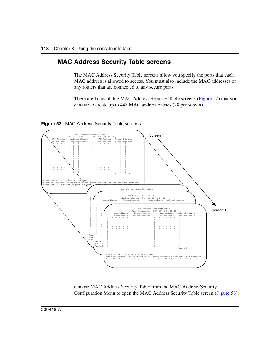 Mac address security table screens, Figure 52, Mac address | Nortel Networks 1000ASE-XD User Manual | Page 118 / 214