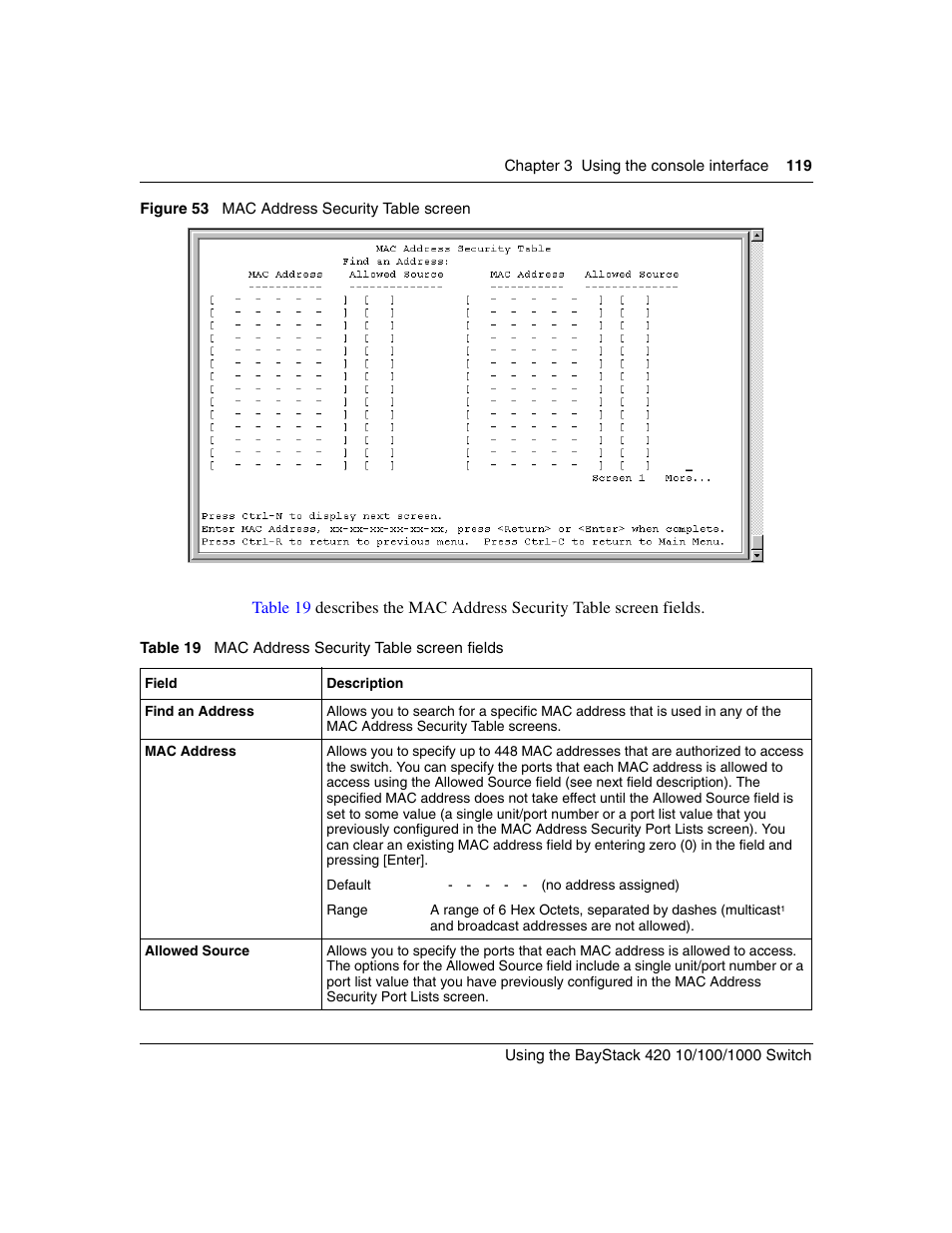 Figure 53, Mac address security table screen, Table 19 | Mac address security table screen fields | Nortel Networks 1000ASE-XD User Manual | Page 119 / 214