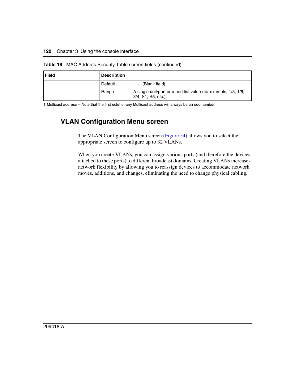 Vlan configuration menu screen, Vlan configuration | Nortel Networks 1000ASE-XD User Manual | Page 120 / 214