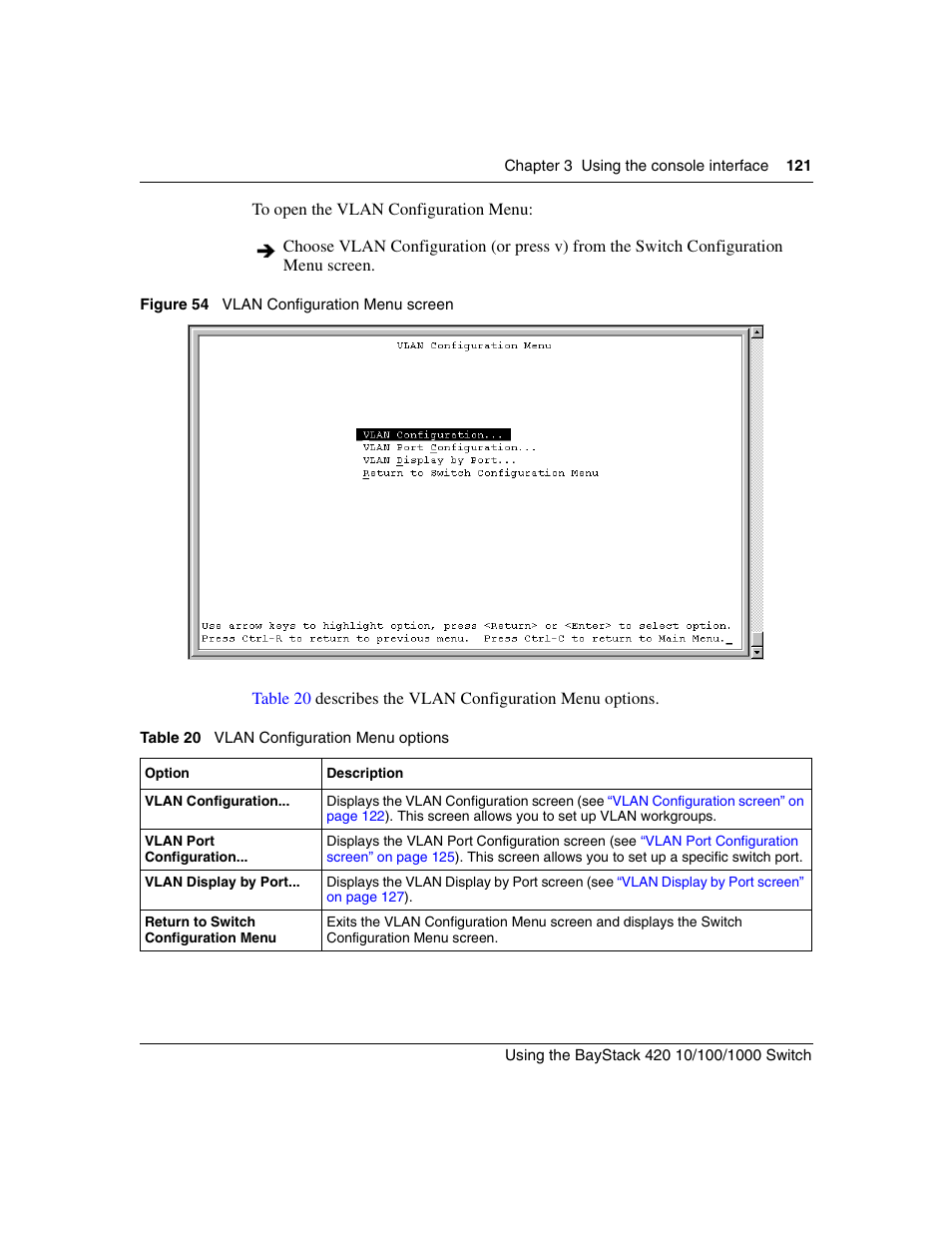 Figure 54, Vlan configuration menu screen, Table 20 | Vlan configuration menu options | Nortel Networks 1000ASE-XD User Manual | Page 121 / 214