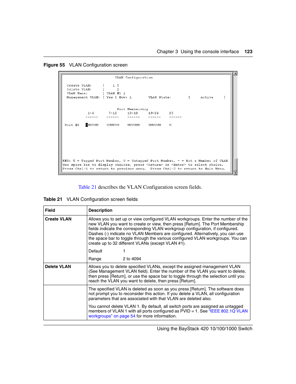 Figure 55, Vlan configuration screen, Table 21 | Vlan configuration screen fields | Nortel Networks 1000ASE-XD User Manual | Page 123 / 214