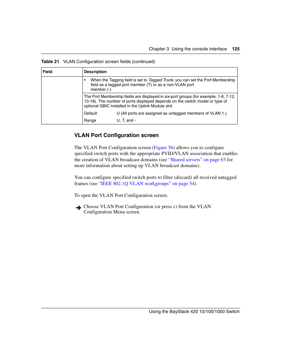 Vlan port configuration screen, Vlan port configuration | Nortel Networks 1000ASE-XD User Manual | Page 125 / 214