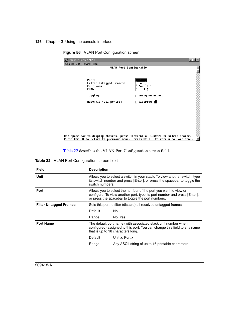 Figure 56, Vlan port configuration screen, Table 22 | Vlan port configuration screen fields | Nortel Networks 1000ASE-XD User Manual | Page 126 / 214