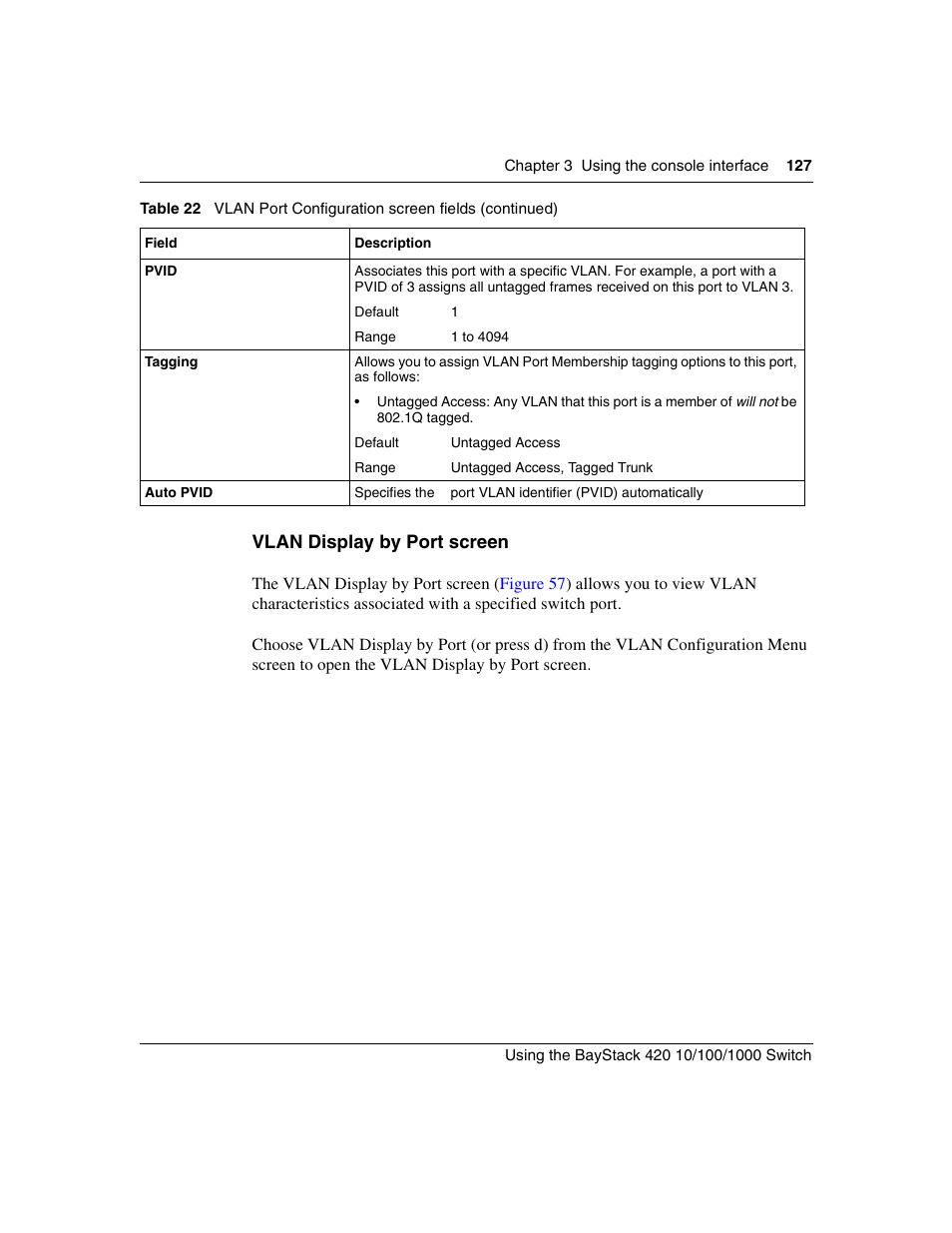 Vlan display by port screen | Nortel Networks 1000ASE-XD User Manual | Page 127 / 214