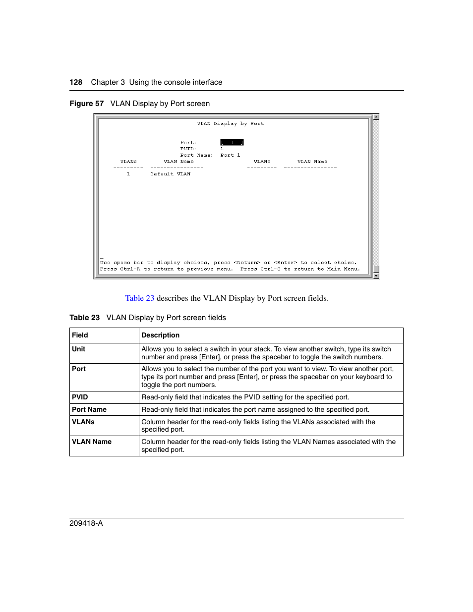 Figure 57, Vlan display by port screen, Table 23 | Vlan display by port screen fields | Nortel Networks 1000ASE-XD User Manual | Page 128 / 214