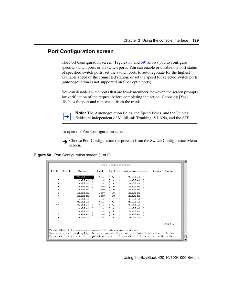 Port configuration screen, Figure 58, Port configuration screen (1 of 2) | Port configuration | Nortel Networks 1000ASE-XD User Manual | Page 129 / 214