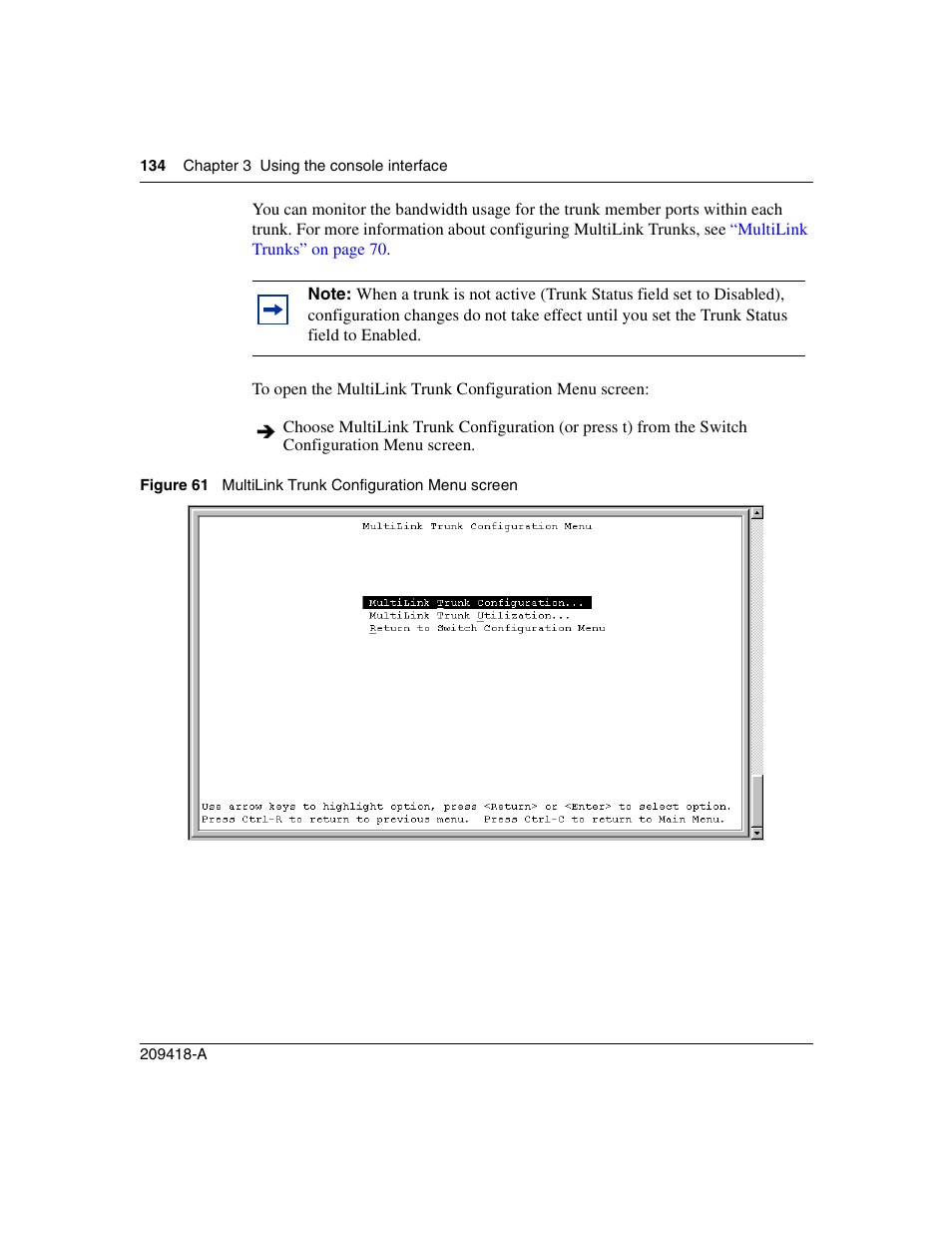 Figure 61, Multilink trunk configuration menu screen | Nortel Networks 1000ASE-XD User Manual | Page 134 / 214