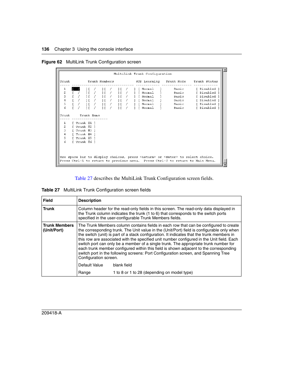 Figure 62, Multilink trunk configuration screen, Table 27 | Multilink trunk configuration screen fields | Nortel Networks 1000ASE-XD User Manual | Page 136 / 214