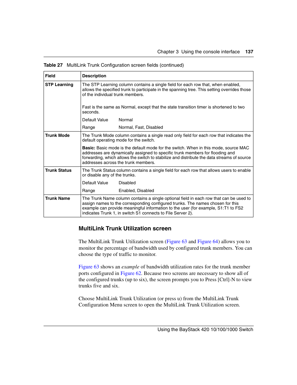Multilink trunk utilization screen | Nortel Networks 1000ASE-XD User Manual | Page 137 / 214