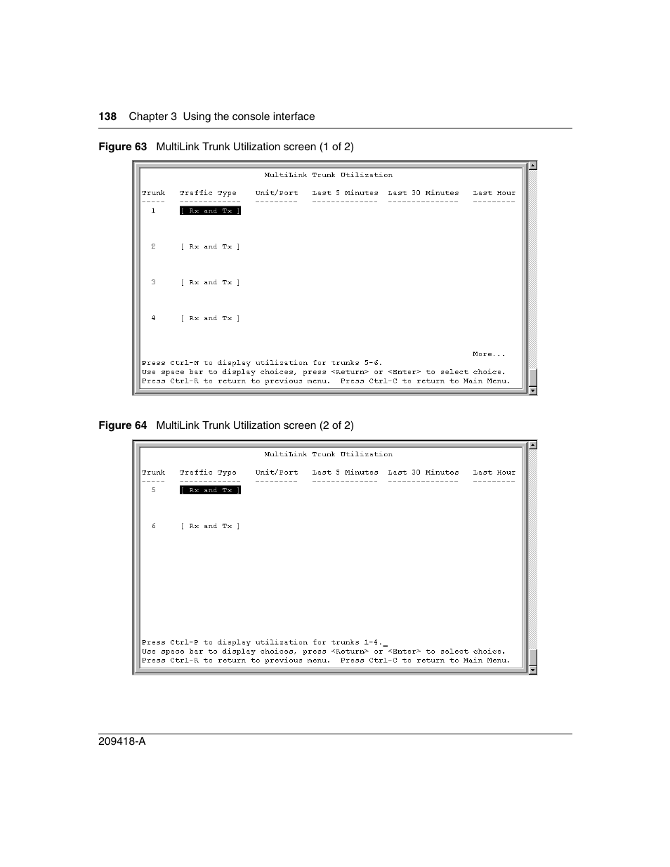 Figure 63, Multilink trunk utilization screen (1 of 2), Figure 64 | Multilink trunk utilization screen (2 of 2) | Nortel Networks 1000ASE-XD User Manual | Page 138 / 214