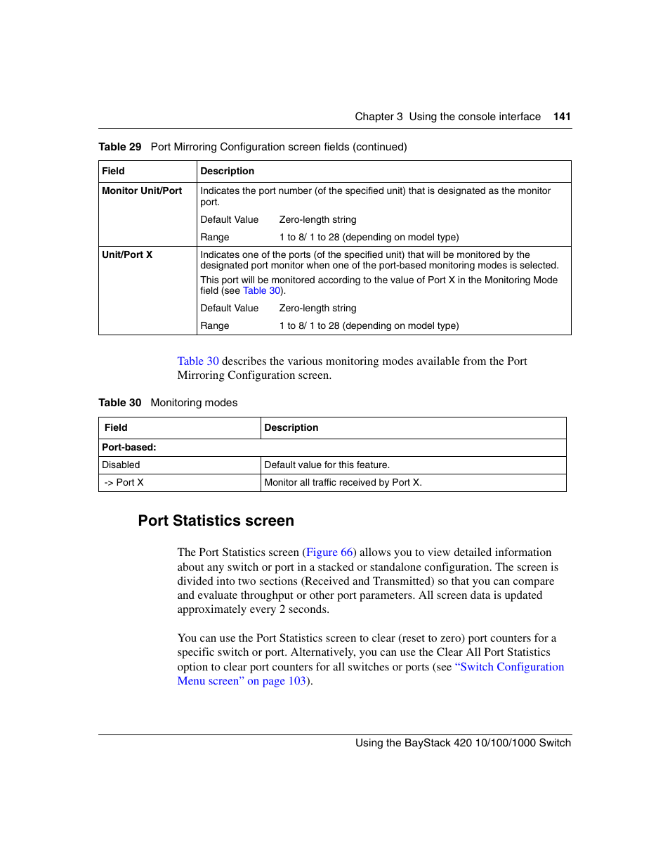 Port statistics screen, Table 30, Monitoring modes | Port statistics screen” on, Sele | Nortel Networks 1000ASE-XD User Manual | Page 141 / 214