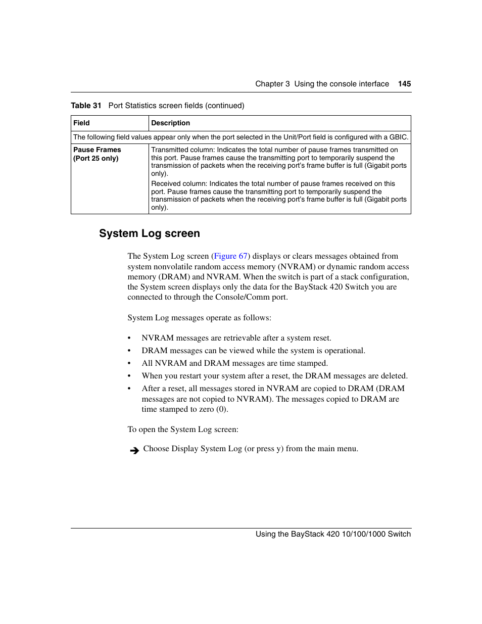 System log screen | Nortel Networks 1000ASE-XD User Manual | Page 145 / 214