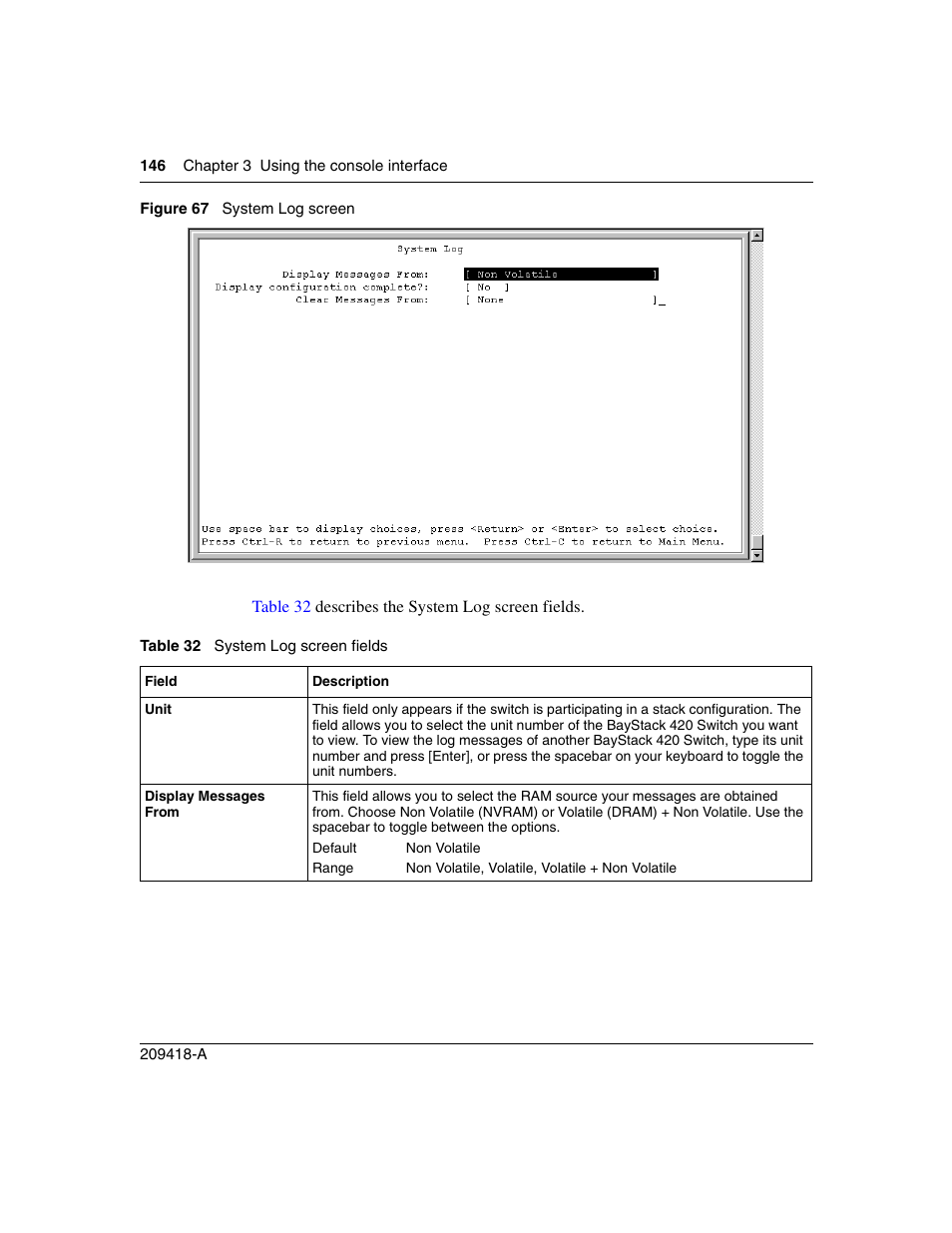 Figure 67, System log screen, Table 32 | System log screen fields | Nortel Networks 1000ASE-XD User Manual | Page 146 / 214