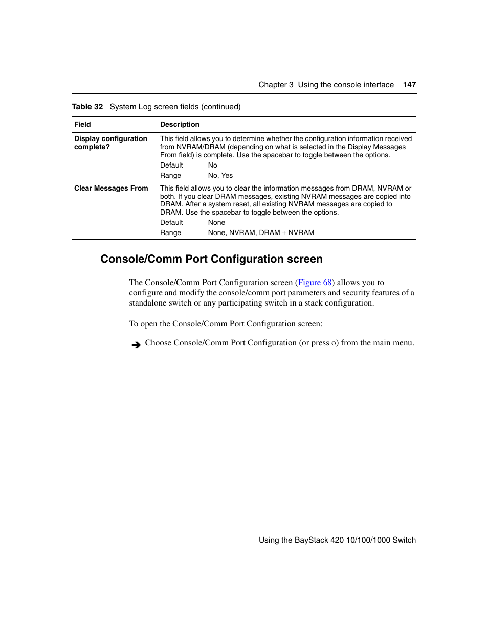 Console/comm port configuration screen, Console/comm | Nortel Networks 1000ASE-XD User Manual | Page 147 / 214
