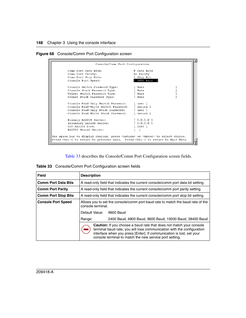 Figure 68, Console/comm port configuration screen, Table 33 | Console/comm port configuration screen fields | Nortel Networks 1000ASE-XD User Manual | Page 148 / 214