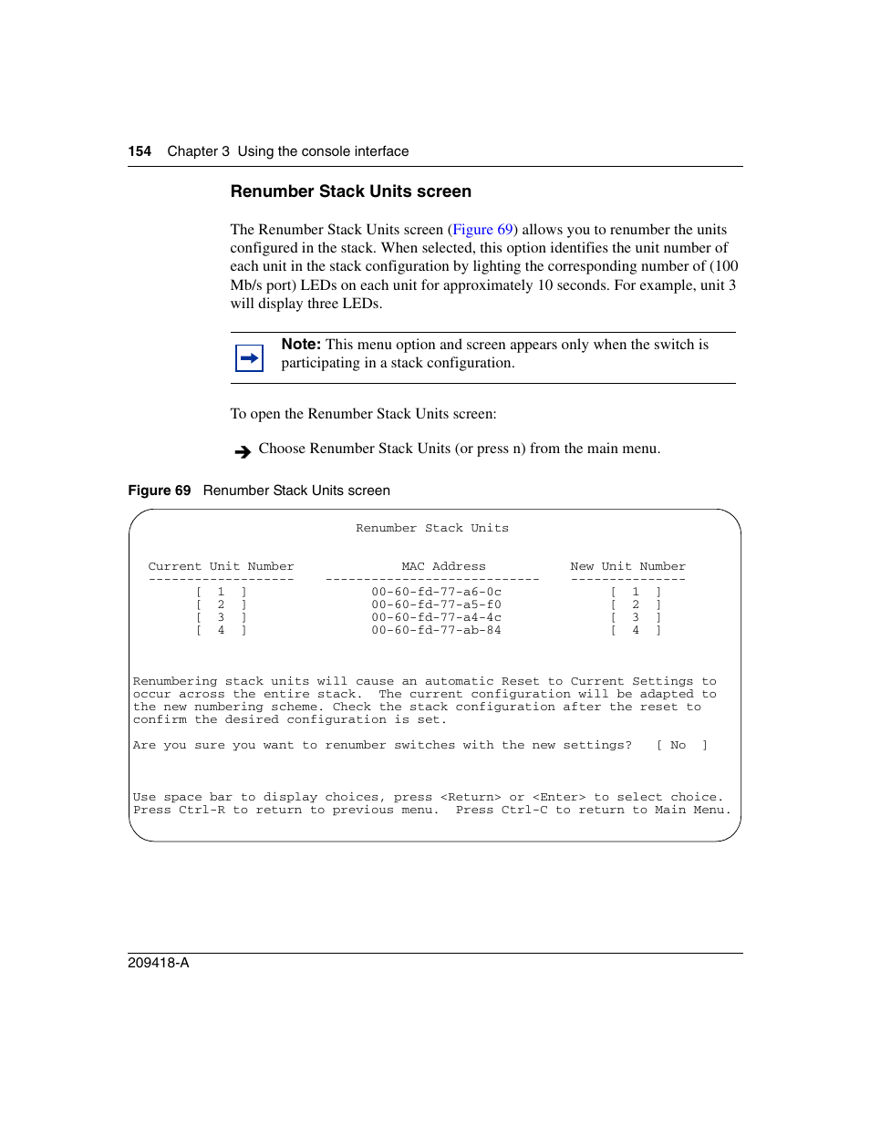 Renumber stack units screen, Figure 69, Renumber | Nortel Networks 1000ASE-XD User Manual | Page 154 / 214