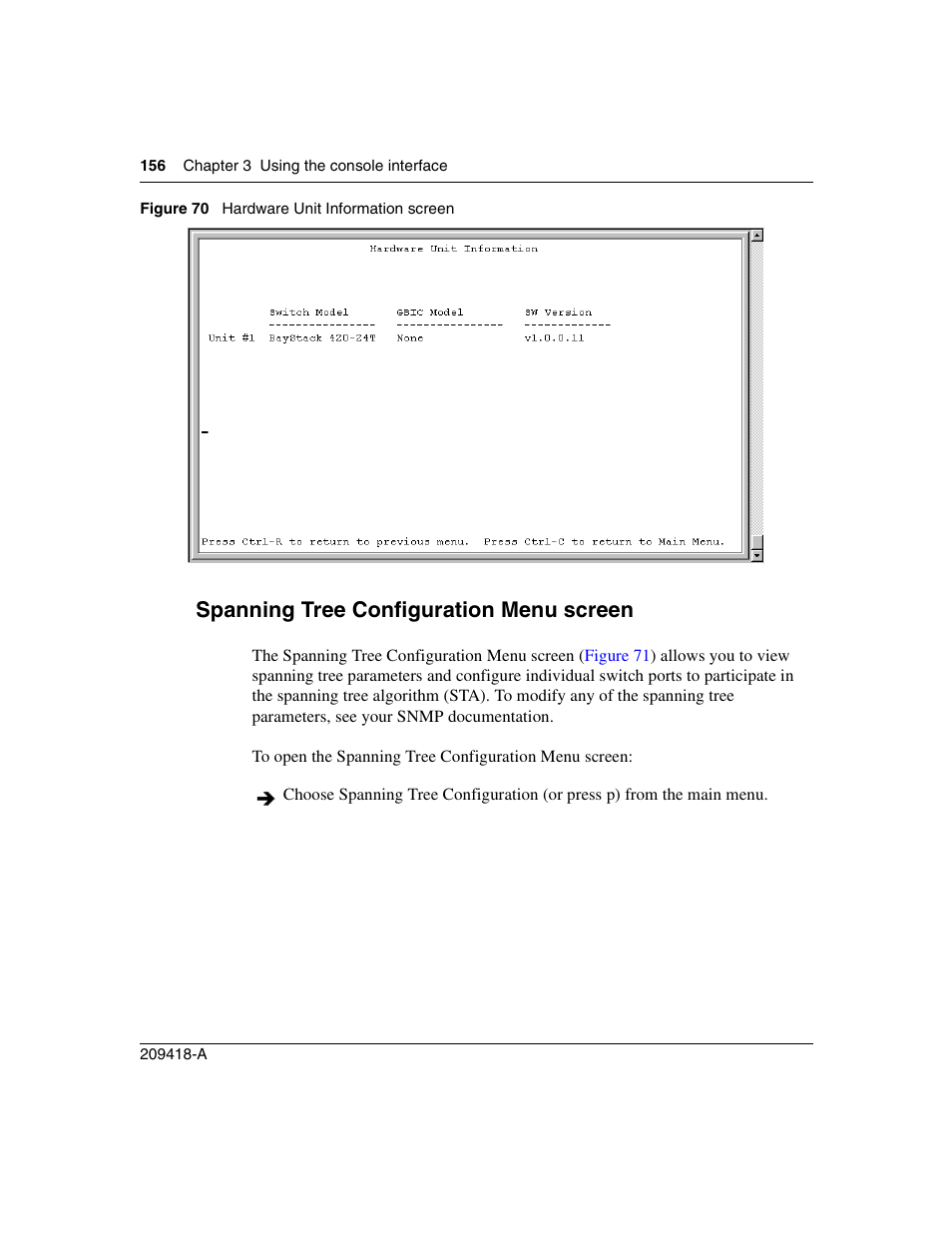 Spanning tree configuration menu screen, Figure 70, Hardware unit information screen | Spanning tree | Nortel Networks 1000ASE-XD User Manual | Page 156 / 214