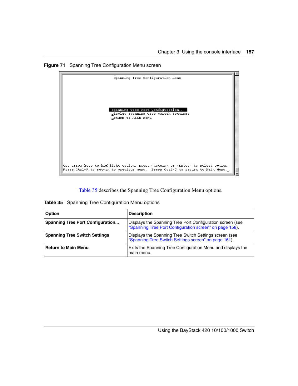 Figure 71, Spanning tree configuration menu screen, Table 35 | Spanning tree configuration menu options | Nortel Networks 1000ASE-XD User Manual | Page 157 / 214