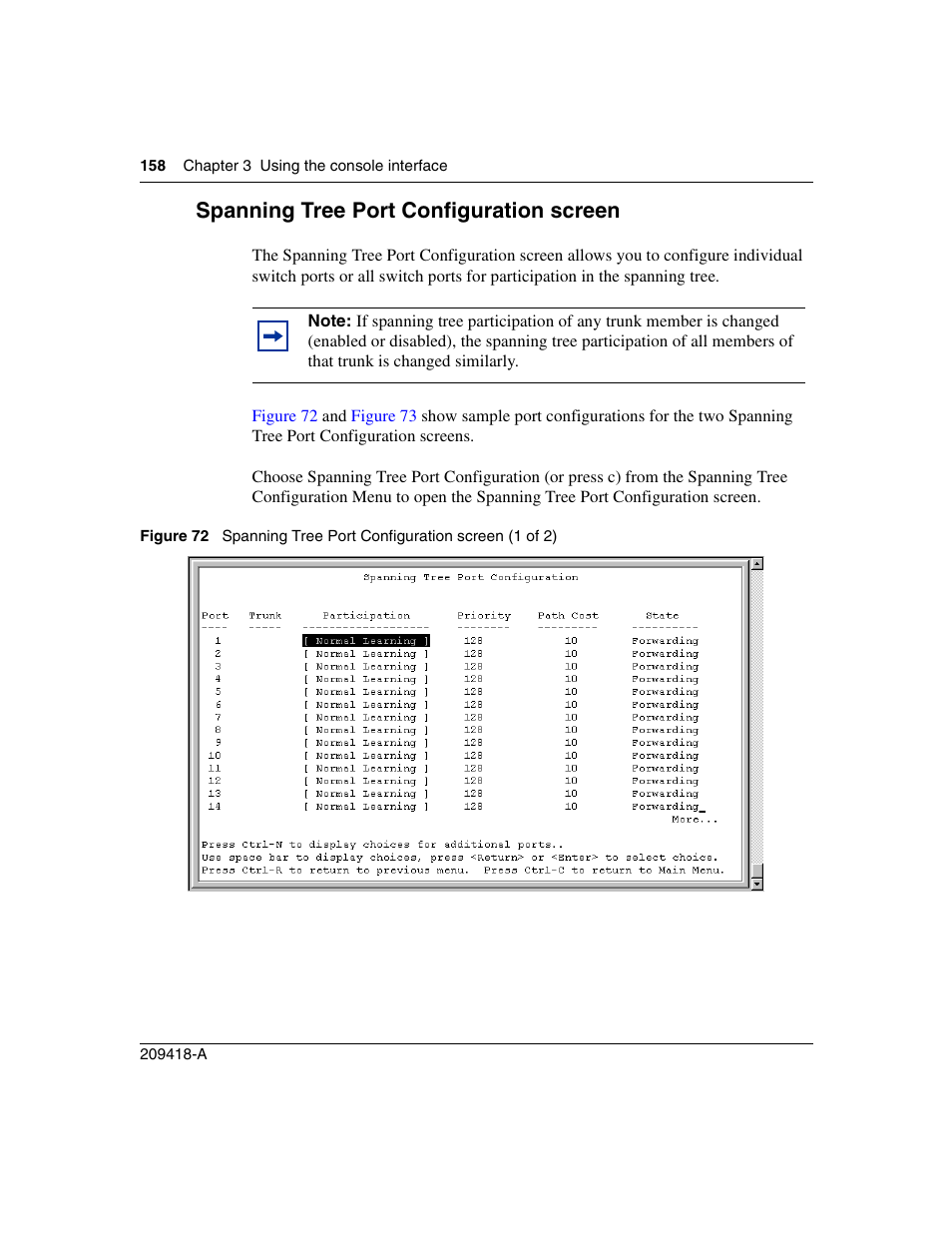 Spanning tree port configuration screen, Figure 72, Spanning tree port configuration screen (1 of 2) | Nortel Networks 1000ASE-XD User Manual | Page 158 / 214