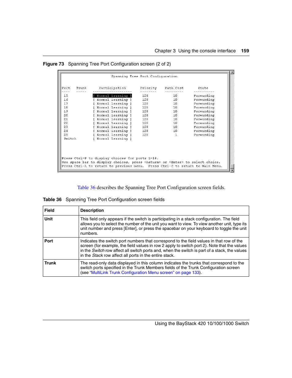 Figure 73, Spanning tree port configuration screen (2 of 2), Table 36 | Spanning tree port configuration screen fields | Nortel Networks 1000ASE-XD User Manual | Page 159 / 214