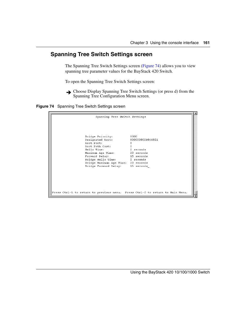 Spanning tree switch settings screen, Figure 74 | Nortel Networks 1000ASE-XD User Manual | Page 161 / 214
