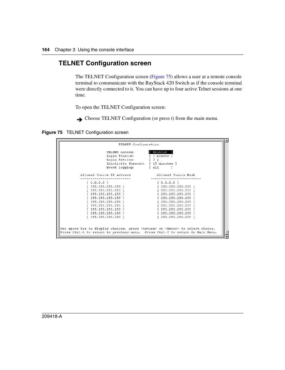 Telnet configuration screen, Figure 75 | Nortel Networks 1000ASE-XD User Manual | Page 164 / 214