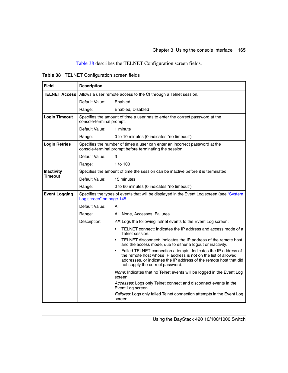 Table 38, Telnet configuration screen fields | Nortel Networks 1000ASE-XD User Manual | Page 165 / 214