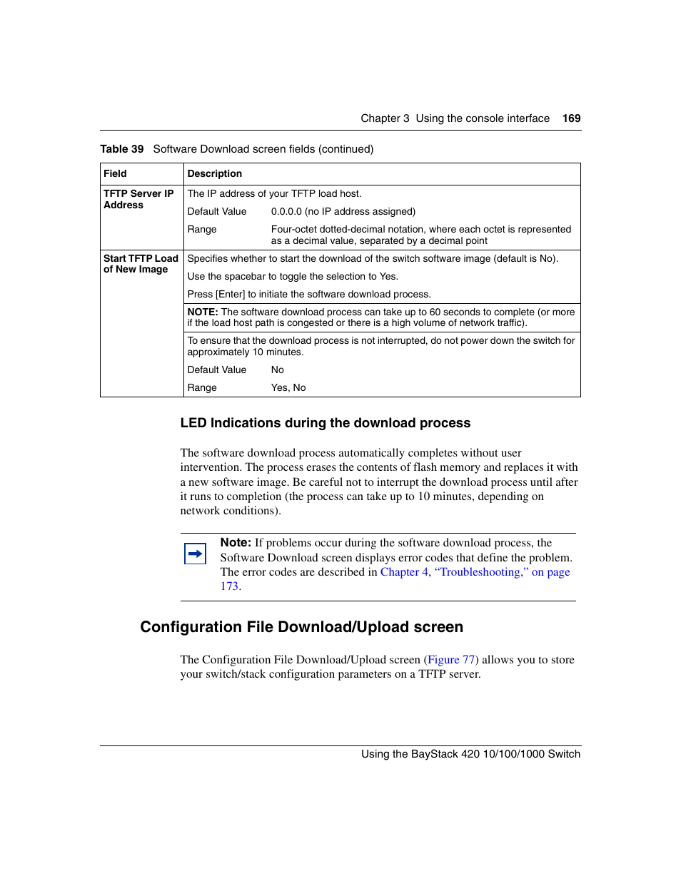 Led indications during the download process, Configuration file download/upload screen, Configuration | Nortel Networks 1000ASE-XD User Manual | Page 169 / 214