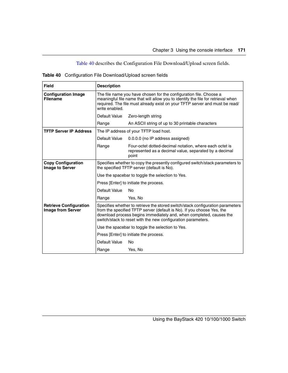 Table 40, Configuration file download/upload screen fields | Nortel Networks 1000ASE-XD User Manual | Page 171 / 214