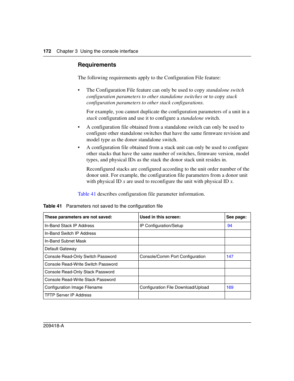 Requirements, Table 41, Parameters not saved to the configuration file | Nortel Networks 1000ASE-XD User Manual | Page 172 / 214